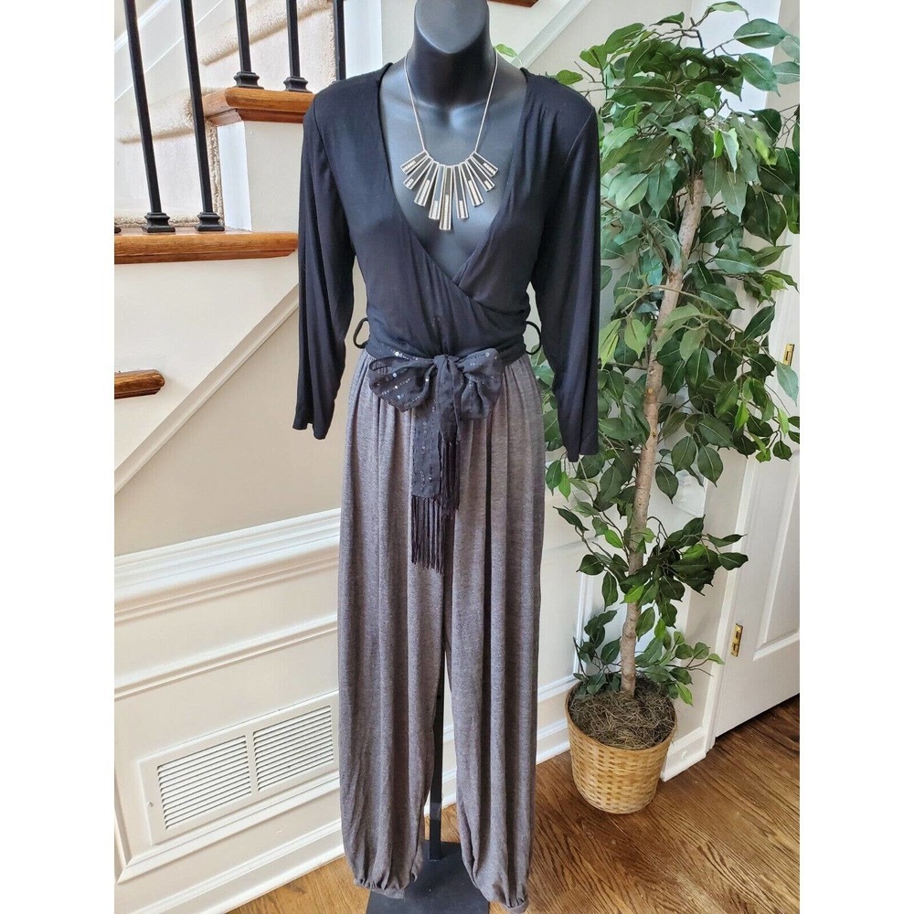 Inseparable Women's Black & Gray Rayon Long Sleeve V-Neck Jumpsuits Size Large